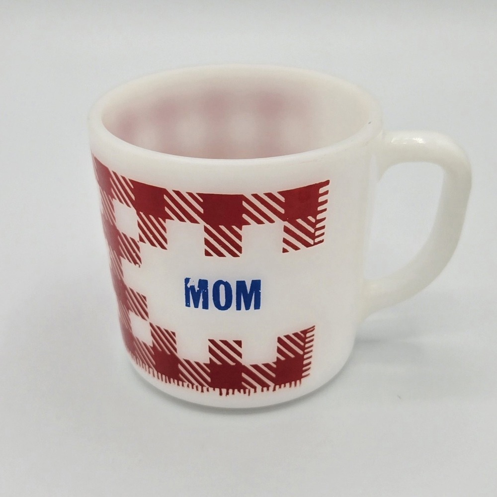 Vintage Westfield Federal Milk Glass MOM Mug Gingham Plaid personalized Retro‎